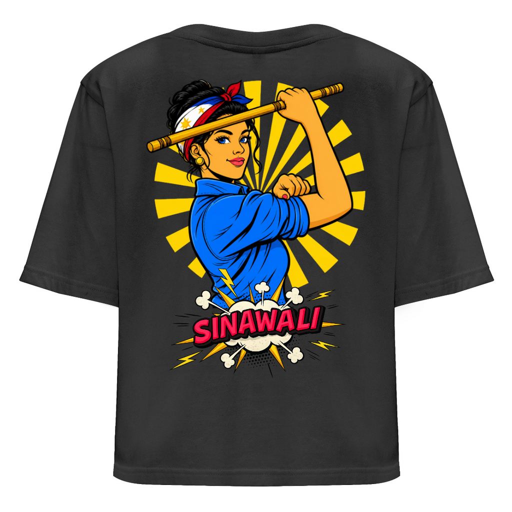 Black t-shirt with a colorful graphic design on the back featuring a woman holding a spear, on a white background.